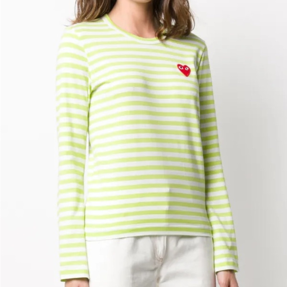 Comme des Garçons Play Green and White Striped Long Sleeve Shirt